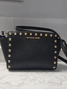 Michael Kors Black Leather Crossbody with Gold Stud Trim